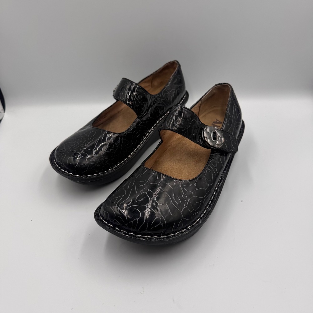 Alegria Paloma Black Crackle Leather Mary Jane Clog Shoes PAL-541 Womens 38